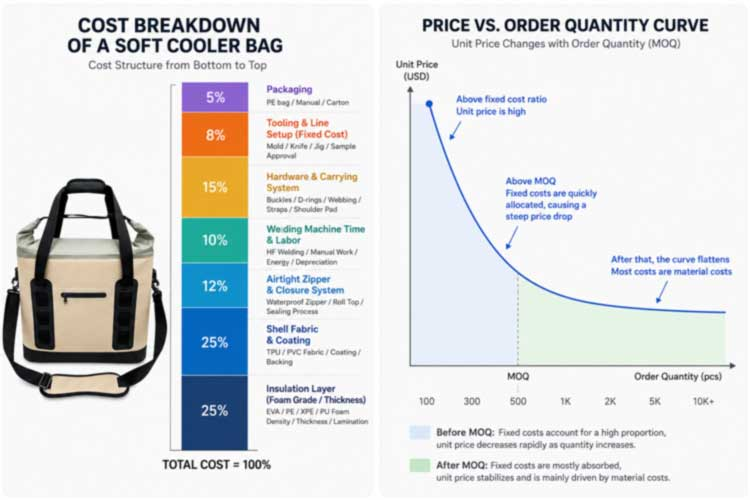 cooler backpack unit cost breakdown by insulation, shell, zipper, welding time and setup, with volume price curve
