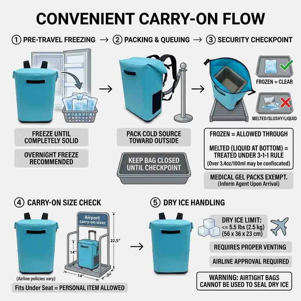 airport screening flow for a travel cooler backpack covering frozen-solid ice packs, 3-1-1 liquids and carry-on size limits airport screening flow for a travel cooler backpack covering frozen-solid ice packs, 3-1-1 liquids and carry-on size limits