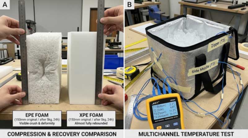 compression recovery of EPE vs XPE foam and multi-channel thermocouple cold-hold test on a soft cooler compression recovery of EPE vs XPE foam and multi-channel thermocouple cold-hold test on a soft cooler